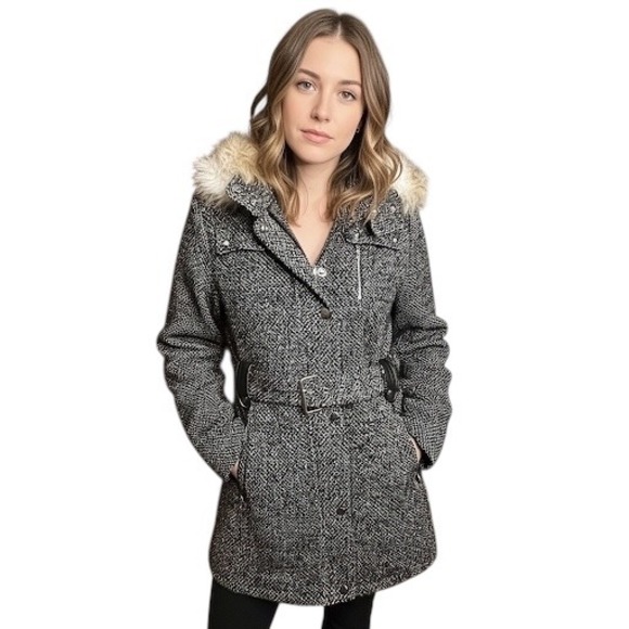 NWT APT 9 Size Medium Herringbone Belted Coat Faux Fur Hooded Jacket Wool Black - Picture 1 of 12